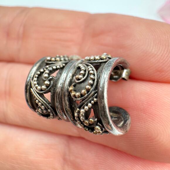 Vintage Silver Bali Style Scroll Beaded Wide Huggie Hoop Earrings Patina 4.08 G - Picture 2 of 15